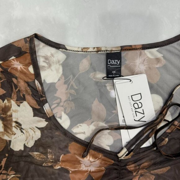 Brown And Cream Floral Print mesh top with tie detail & lantern sleeves size L - Picture 2 of 5